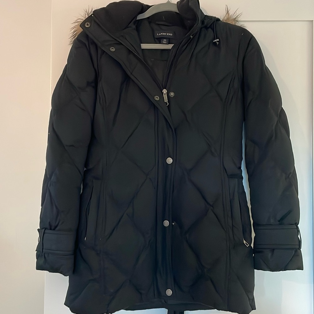 Land’s End black mid length puffer coat with detachable hood